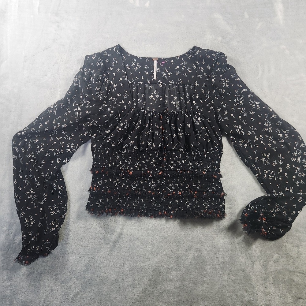 Free People Top Womens Small Black Mandy Floral Boho Peasant Cottage Core Fairy